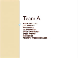 Team A
ROSIE AMSTUTZ
JASON PRICE
MEG TROHA
GARY HANSEN
EMILY CAVENDISH
SALLY PATTON
JEN DODGE
ANDREW KRICKENBARGER
 