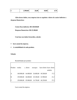 C                  2.500,00              26,00            60,00            6,70



       Além desses dados, essa empresa tem os seguintes valores de custos indiretos e
despesas financeiras:



       Custos fixos indiretos: R$ 128.020,00

       Despesas financeiras: R$ 23.300,00



       Com base nos dados fornecidos, calcule:



•   lucro anual da empresa.

•   A rentabilidade de cada produto.



Solução



       Rentabilidade por produto



Produto vendas          c. direto     encargos     lucro direto lucro direto
                                                                unitário

A         160.000,00      64.000,00    26.800,00    69.200,00          17,3

B         150.000,00      66.000,00    20.100,00    63.900,00          21,3

C         150.000,00      65.000,00    16.750,00    68.250,00          27,3



       Lucro anual da empresa
 