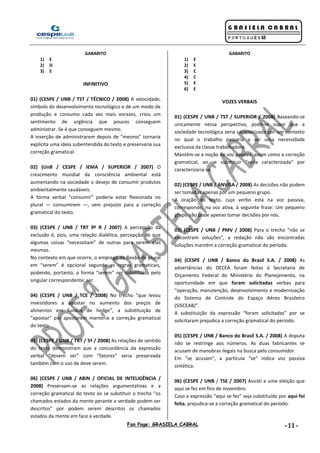 Fan Page: GRASIELA CABRAL -11-
GABARITO
1) E
2) D
3) E
INFINITIVO
01) (CESPE / UNB / TST / TÉCNICO / 2008) A velocidade,
símbolo do desenvolvimento tecnológico e de um modo de
produção e consumo cada vez mais vorazes, criou um
sentimento de urgência que poucos conseguem
administrar. Se é que conseguem mesmo.
A inserção de administrarem depois de “mesmo” tornaria
explícita uma ideia subentendida do texto e preservaria sua
correção gramatical.
02) (UnB / CESPE / IEMA / SUPERIOR / 2007) O
crescimento mundial da consciência ambiental está
aumentando na sociedade o desejo de consumir produtos
ambientalmente saudáveis.
A forma verbal “consumir” poderia estar flexionada no
plural — consumirem —, sem prejuízo para a correção
gramatical do texto.
03) (CESPE / UNB / TRT 9ª R / 2007) A percepção da
exclusão é, pois, uma relação dialética, percepção de que
algumas coisas “necessitam” de outras para serem elas
mesmas.
No contexto em que ocorre, o emprego da flexão de plural
em “serem” é opcional segundo as regras gramaticais,
podendo, portanto, a forma “serem” ser substituída pelo
singular correspondente: ser.
04) (CESPE / UNB / TCE / 2008) No trecho “que levou
investidores a apostar no aumento dos preços de
alimentos em fundos de hedge”, a substituição de
“apostar” por apostarem manteria a correção gramatical
do texto.
05) (CESPE / UNB / TRT / 5ª / 2008) As relações de sentido
do texto demonstram que a concordância da expressão
verbal “devem ser” com “fatores” seria preservada
também com o uso de deve serem.
06) (CESPE / UNB / ABIN / OFICIAL DE INTELIGÊNCIA /
2008) Preservam-se as relações argumentativas e a
correção gramatical do texto ao se substituir o trecho “os
chamados estados da mente perante a verdade podem ser
descritos” por podem serem descritos os chamados
estados da mente em face à verdade.
GABARITO
1) E
2) E
3) C
4) C
5) E
6) E
VOZES VERBAIS
01) (CESPE / UNB / TST / SUPERIOR / 2008) Baseando-se
unicamente nessa perspectiva, pode-se supor que a
sociedade tecnológica seria caracterizada por um contexto
no qual o trabalho passaria a ser uma necessidade
exclusiva da classe trabalhadora.
Mantém-se a noção de voz passiva, assim como a correção
gramatical, ao se substituir “seria caracterizada” por
caracterizaria-se.
02) (CESPE / UNB / ANVISA / 2008) As decisões não podem
ser tomadas apenas por um pequeno grupo.
A oração do texto, cujo verbo está na voz passiva,
corresponde, na voz ativa, à seguinte frase: Um pequeno
grupo não pode apenas tomar decisões por nós.
03) (CESPE / UNB / PMV / 2008) Para o trecho “não se
encontram soluções”, a redação não são encontradas
soluções mantém a correção gramatical do período.
04) (CESPE / UNB / Banco do Brasil S.A. / 2008) As
advertências do DECEA foram feitas à Secretaria de
Orçamento Federal do Ministério do Planejamento, na
oportunidade em que foram solicitadas verbas para
“operação, manutenção, desenvolvimento e modernização
do Sistema de Controle do Espaço Aéreo Brasileiro
(SISCEAB)”.
A substituição da expressão “foram solicitadas” por se
solicitaram prejudica a correção gramatical do período.
05) (CESPE / UNB / Banco do Brasil S.A. / 2008) A disputa
não se restringe aos números. As duas fabricantes se
acusam de manobras ilegais na busca pelo consumidor.
Em “se acusam”, a partícula “se” indica voz passiva
sintética.
06) (CESPE / UNB / TSE / 2007) Assisti a uma eleição que
aqui se fez em fins de novembro.
Caso a expressão “aqui se fez” seja substituída por aqui foi
feita, prejudica-se a correção gramatical do período.
 