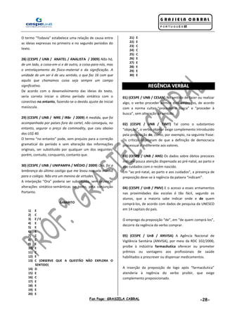 Fan Page: GRASIELA CABRAL -28-
O termo “Todavia” estabelece uma relação de causa entre
as ideias expressas no primeiro e no segundo períodos do
texto.
28) (CESPE / UNB / ANATEL / ANALISTA / 2009) Não há,
de um lado, a coisa-em-si e de outro, a coisa-para-nós, mas
o entrelaçamento do físico-material e da significação. A
unidade de um ser é de seu sentido, o que faz 16 com que
aquilo que chamamos coisa seja sempre um campo
significativo.
De acordo com o desenvolvimento das ideias do texto,
seria correto iniciar o último período sintático com o
conectivo no entanto, fazendo-se o devido ajuste de inicial
maiúscula.
29) (CESPE / UNB / MRE / IRBr / 2009) A medida, que foi
acompanhada por países fora do cartel, não conseguiu, no
entanto, segurar o preço da commodity, que caiu abaixo
dos US$ 40.
O termo “no entanto” pode, sem prejuízo para a correção
gramatical do período e sem alteração das informações
originais, ser substituído por qualquer um dos seguintes:
porém, contudo, conquanto, contanto que.
30) (CESPE / UNB / UNIPAMPA / MÉDIO / 2009) Ora, foi a
lembrança do último castigo que me levou naquela manhã
para o colégio. Não era um menino de virtudes.
A interjeição “Ora” poderia ser substituída, sem provocar
alterações sintático-semânticas no texto, pela conjunção
Portanto.
GABARITO
1) E
2) C
3) E / E
4) E
5) E
6) E
7) C
8) C
9) E
10) E
11) C
12) E
13) C (OBSERVE QUE A QUESTÃO NÃO EXPLORA O
SENTIDO)
14) D
15) E
16) C
17) E
18) E
19) E
20) E
21) E
22) E
23) C
24) C
25) C
26) E
27) E
28) E
29) E
30) E
RREEGGÊÊNNCCIIAA VVEERRBBAALL
01) (CESPE / UNB / CESAN) No sentido de fazer ou realizar
algo, o verbo proceder admite dois empregos, de acordo
com a norma culta: “proceder a busca” e “proceder à
busca”, sem alteração de sentido.
02) (CESPE / UNB / TJMT) Tal como o substantivo
“objeção”, o verbo objetar exige complemento introduzido
pela preposição de, como, por exemplo, na seguinte frase:
Os críticos objetaram de que a definição de democracia
processual é indiferente aos valores.
03) (CESPE / UNB / ANS) Os dados sobre óbitos precoces
indicam pouca atenção dispensada ao pré-natal, ao parto e
aos cuidados com o recém nascido.
Em “ao pré-natal, ao parto e aos cuidados”, a presença de
preposição deve-se à regência da palavra “indicam”.
04) (CESPE / UnB / PMV) E o acesso a esses armamentos
nas proximidades das escolas é tão fácil, segundo os
alunos, que a maioria sabe indicar onde e de quem
comprá-los, de acordo com dados de pesquisa da UNESCO
em 14 capitais do país.
O emprego da preposição “de”, em “de quem comprá-los”,
decorre da regência do verbo comprar.
05) (CESPE / UnB / ANVISA) A Agência Nacional de
Vigilância Sanitária (ANVISA), por meio da RDC 102/2000,
proíbe à indústria farmacêutica oferecer ou prometer
prêmios ou vantagens aos profissionais de saúde
habilitados a prescrever ou dispensar medicamentos.
A inserção da preposição de logo após “farmacêutica”
atenderia à regência do verbo proibir, que exige
complemento preposicionado.
 