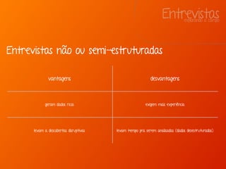Entrevistasexplorando a campo
Entrevistas não ou semi-estruturadas
vantagens desvantagens
geram dados ricos exigem mais experiência
levam a descobertas disruptivas levam tempo pra serem analisadas (dados desestruturados)
 
