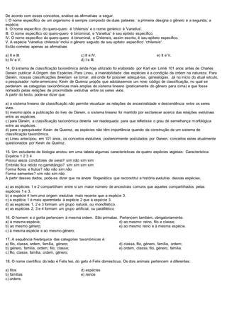 De acordo com esses conceitos, analise as afirmativas a seguir.
I. O nome específico de um organismo é sempre composto de duas palavras: a primeira designa o gênero e a segunda, a
espécie.
II. O nome específico do quero-quero é 'chilensis' e o nome genérico é 'Vanellus'.
III. O nome específico do quero-quero é binominal, e 'Vanellus' é seu epíteto específico.
IV. O nome específico do quero-quero é binominal, e Chilensis, assim escrito, é seu epíteto específico.
V. A espécie 'Vanellus chilensis' inclui o gênero seguido de seu epíteto específico: 'chilensis'.
Estão corretas apenas as afirmativas
a) II e III.
b) IV e V.
c) II e IV.
d) I e III.
e) II e V.
14. O sistema de classificação taxionômica ainda hoje utilizado foi elaborado por Karl von Linné 101 anos antes de Charles
Darwin publicar A Origem das Espécies. Para Lineu, a invariabilidade das espécies é a condição da ordem na natureza. Para
Darwin, nossas classificações deveriam se tornar, até onde for possível adequá-las, genealogias. Já no início do atual século,
o pesquisador norte-americano Kevin de Queiroz propôs que adotássemos um novo código de classificação, no qual se
perderiam as categorias taxionômicas mais amplas do sistema lineano (praticamente do gênero para cima) e que fosse
norteado pelas relações de proximidade evolutiva entre os seres vivos.
A partir do texto, pode-se dizer que:
a) o sistema lineano de classificação não permite visualizar as relações de ancestralidade e descendência entre os seres
vivos.
b) mesmo após a publicação do livro de Darwin, o sistema lineano foi mantido por esclarecer acerca das relações evolutivas
entre as espécies.
c) para Darwin, a classificação taxionômica deveria ser readequada para que refletisse o grau de semelhança morfológica
entre as espécies.
d) para o pesquisador Kevin de Queiroz, as espécies não têm importância quando da construção de um sistema de
classificação taxionômica.
e) Lineu antecipou, em 101 anos, os conceitos evolutivos posteriormente postulados por Darwin, conceitos estes atualmente
questionados por Kevin de Queiroz.
15. Um estudante de biologia anotou em uma tabela algumas características de quatro espécies vegetais: Característica
Espécie 1 2 3 4
Possui vasos condutores de seiva? sim não sim sim
Embrião fica retido no gametângio? sim sim sim sim
Forma flores e frutos? não não sim não
Forma sementes? sim não sim não
A partir desses dados, pode-se dizer que na árvore filogenética que reconstitui a história evolutiva dessas espécies,
a) as espécies 1 e 2 compartilham entre si um maior número de ancestrais comuns que aqueles compartilhados pelas
espécies 1 e 3.
b) a espécie 4 tem uma origem evolutiva mais recente que a espécie 3.
c) a espécie 1 é mais aparentada à espécie 2 que à espécie 3.
d) as espécies 1, 2 e 3 formam um grupo natural, ou monofilético.
e) as espécies 2, 3 e 4 formam um grupo artificial, ou parafilético.
16. O homem e o gorila pertencem à mesma ordem. São primatas. Pertencem também, obrigatoriamente:
a) à mesma espécie;
b) ao mesmo género;
c) à mesma espécie e ao mesmo género;
d) ao mesmo: reino, filo e classe;
e) ao mesmo reino e à mesma espécie.
17. A sequência hierárquica das categorias taxonómicas é:
a) filo, classe, ordem, família, género;
b) género, família, ordem, filo, classe;
c) filo, classe, família, ordem, género;
d) classe, filo, género, família, ordem;
e) ordem, classe, filo, género, família.
18. O nome científico do leão é Felis leo, do gato é Felis domesticus. Os dois animais pertencem a diferentes:
a) filos
b) famílias
c) ordens
d) espécies
e) reinos
 
