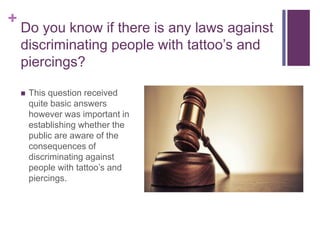 + 
Do you know if there is any laws against 
discriminating people with tattoo’s and 
piercings? 
 This question received 
quite basic answers 
however was important in 
establishing whether the 
public are aware of the 
consequences of 
discriminating against 
people with tattoo’s and 
piercings. 
 