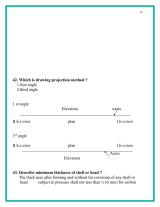 13




42. Which is drawing projection method ?
  1.first angle
  2.third angle


1 st angle
                             Elevation                     axies


R.h.s.view                       plan                         l.h.s.view


3rd angle

R.h.s.view                       plan                         l.h.s.view
                                                          Axies
                              Elevation


43. Describe minimum thickness of shell or head ?
    The thick ness after forming and without for corrosion of any shell or
    head       subject to pressure shall not less than ¼ (6 mm) for carbon
 