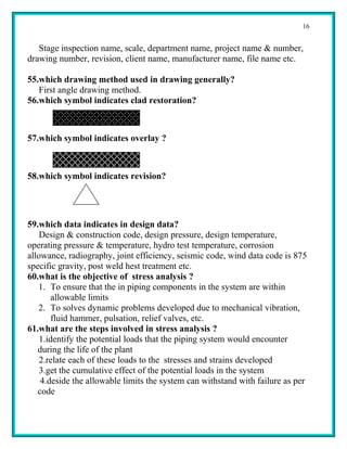 16


   Stage inspection name, scale, department name, project name & number,
drawing number, revision, client name, manufacturer name, file name etc.

55.which drawing method used in drawing generally?
   First angle drawing method.
56.which symbol indicates clad restoration?



57.which symbol indicates overlay ?



58.which symbol indicates revision?




59.which data indicates in design data?
    Design & construction code, design pressure, design temperature,
operating pressure & temperature, hydro test temperature, corrosion
allowance, radiography, joint efficiency, seismic code, wind data code is 875
specific gravity, post weld hest treatment etc.
60.what is the objective of stress analysis ?
   1. To ensure that the in piping components in the system are within
        allowable limits
   2. To solves dynamic problems developed due to mechanical vibration,
        fluid hammer, pulsation, relief valves, etc.
61.what are the steps involved in stress analysis ?
    1.identify the potential loads that the piping system would encounter
   during the life of the plant
    2.relate each of these loads to the stresses and strains developed
    3.get the cumulative effect of the potential loads in the system
    4.deside the allowable limits the system can withstand with failure as per
   code
 