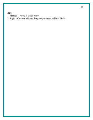 43


Ans:
1. Fibrous – Rock & Glass Wool
2. Rigid - Calcium silicate, Polyisocyanurate, cellular Glass
 