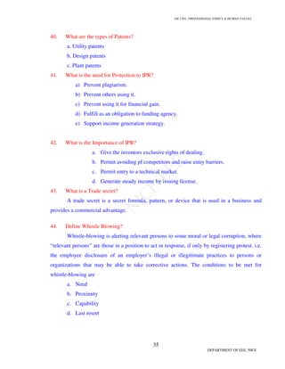 GE 1301- PROFESSIONAL ETHICS  HUMAN VALUES
32
DEPARTMENT OF EEE, NICE
29. Give some of the Environmental issues of concern to engineers?
a. Releasing harmful substance into air and water.
b. Using toxic substance in food processing.
c. Disturbing land and water balances.
30. What are the issues in Computer ethics?
Power Relationship
Job Elimination
Customer Relations
Biased Software
Stock Trading
Unrealistic Expectations
Political Power
Military Weapons
Property
Embezzlement
Data and Software
Privacy
Cyber crimes
Computer Virus
Techno stress
Cyber Scams and Frauds
Internet Defamation
Software Piracy
Cyber Squatting
Inappropriate Access
Data Bank Errors
Hackers
Legal Responses
Professional Issues
Computer Failures
Computer Implementation
Health conditions
 