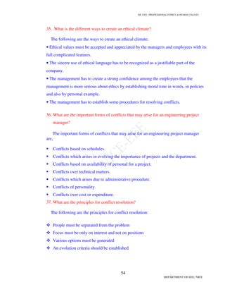 GE 1301- PROFESSIONAL ETHICS  HUMAN VALUES
51
DEPARTMENT OF EEE, NICE
7. Explain how should engineers act as expert witnesses  advisers?
P.No.367- Engineering Ethics – Mike W. Martin  Roland Schinzinger
8. Explain the various Global Issues?
P.No.290- Engineering Ethics – Mike W. Martin  Roland Schinzinger
9. Explain the various Sample Code of Conduct?
P.No.397- Engineering Ethics – Mike W. Martin  Roland Schinzinger
 ABET
 AAES
 NSPE
 IEEE
 CSI
 ASME
 ASCE
 Institute of Engineers
 Indian Institute of Materials Management
 IETE, India
 Other Professional Societies…
 