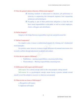GE 1301- PROFESSIONAL ETHICS  HUMAN VALUES
7
DEPARTMENT OF EEE, NICE
15. Give the general criteria to become a Professional engineer?
⌧ Attaining standards of achievement in education, job performance or
creativity in engineering that distinguish engineers from engineering
technicians and technologists.
⌧ Accepting as part of their professional obligations as least the most
basic moral responsibilities to the public as well as to their employers,
clients, colleagues and subordinates.
16. Define Integrity?
Integrity is the bridge between responsibility in private and professional life.
17. Define Compromise?
In a negative sense it means to undetermined integrity by violating one’s fundamental
moral principles.
In a positive sense, however, it means to settle differences by mutual concessions or to
reconcile conflicts through adjustments in attitude and conduct.
18. Give the two aspects of Honesty?
o Truthfulness – meeting responsibilities concerning truth-telling.
o Trustworthiness – Meeting responsibilities concerning trust.
19. Differentiate Self-respect and Self-esteem?
Self-respect: It is a moral concept; refers to the virtue properly valuing oneself.
Self-esteem: It is a psychological concept; means having a positive attitude toward
oneself, even if the attitude is excessive or otherwise unwarranted.
20. What are the two forms of Self-respect?
a. Recognition self-respect
b. Appraisal self-respect
 