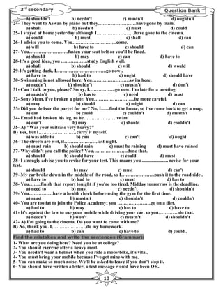 3rd secondary                                                                 Question Bank
        a) shouldn't           b) needn't                  c) mustn't                     d) oughtn't
24- They went to Aswan by plane but they……………………have gone by train.
        a) shall                b) needn't                    c) must                     d) could
25- I stayed at home yesterday although I……………………have gone to the cinema.
        a) could                 b) must                      c) shall                        d) can
26- I advise you to come. You……………………….come.
        a) will                 b) have to                   c) should                         d) can
27- You…………………….fasten your seat belt or you'll be fined.
        a) should                b) may                 c) can                   d) have to
28-It's a good idea, you ……………..study English well.
        a) shall               b) should                c) will                         d) would
29-It's getting dark. I…………………………..go now .
        a) have to              b) had to               c) ought                    d) should have
30- Swimming is not allowed here. You……………………swim here.
        a) needn't           b) shouldn't                c) mustn't                        d) don't
31- Can I talk to you, please? Sorry, I……………..go now. I'm late for a meeting.
        a) mustn't                 b) has to                c) need                     d) must
32- Sony Mum. I've broken a plate. You……………………..be more careful.
        a) may                    b) should                   c) might                     d) can
33- Did you deliver the parcel for me? No, I.......find the house, so I've come back to get a map.
        a) can                    b) could                 c) couldn't                 d) mustn't
34- Emad had broken his leg, so he…………………swim.
        a) can't                b) may                    c) should                     d) couldn't
35- A) "Was your suitcase very heavy?"
B) Yes, but I……………………carry it myself.
        a) was able to            b) can                     c) can't                    d) ought
36- The streets are wet, it…………………last night.
        a) must rain       b) should rain          c) must be raining          d) must have rained
37- Why didn't you call the police? You………………….done that.
        a) should          b) should have                c) could                d) must
38- I strongly advise you to revise for your test. This means you ...................... revise for your
test.
        a) should               b) may                 c) must                          d) can't
39- My car broke down in the middle of the road, so I…………………push it to the road side .
        a) have to             b) had to                 c) must                       d) has to
38- You……..finish that report tonight if you're too tired. Midday tomorrow is the deadline.
        a) need to             b) must                 c) needn't                        d) shouldn't
39- You……………have a health check before using the gym for the first time.
        a) must               b) mustn't                c) shouldn't                       d) couldn't
40- You are too fat to join the Police Academy; you …………………go on a diet.
        a) had to             b) may                    c) has to                        d) have to
41- It's against the law to use your mobile while driving your car, so you………….do that.
        a) needn't            b) won't                   c) mustn't                   d) shouldn't
42- A) I'm going to the cinema. Do you want to come with me?
B) No, thank you. I………………….do my homework.
        a) had to              b) can                   c) have to                      d) could .
Find the mistakes and write the sentences (Grammar):
1- What are you doing here? Need you be at college?
2- You should exercise after a heavy meal.
3- You needn't wear a helmet when you ride a motorbike, it's vital.
4- You must bring your mobile because I've got mine with me.
5- You can make so much noise. We'll be asked to leave if you don't stop it.
6- You should have written a letter, a text message would have been OK.

                                                 13
 