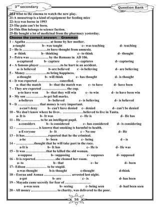 3rd secondary                                                            Question Bank

20-I went to the cinema to watch the new play.
21-A mousetrap is a kind of equipment for feeding mice
22-Aya was borne in 1993
23-The pain can't be born.
24-This film belongs to science faction.
25-He bought a lot of medicinal from the pharmacy yesterday.
Choose the correct answer:          Grammar:
1 – Agatha ………………… at home by her mother.
   a-taught             b– was taught                 c– was teaching           d– teaching
2 – He is ………………….to have thought from amnesia.
    a- think            b– thinking                c– to think                d– thought
3 – Petra was …………….. by the Romans in AD 106.
      a-captured          b– capture              c– captures               d– capturing
4 – A famous player ……………….to be hurt in an accident.
      a- is believed          b–are believed      c –is believing           d– are believing
5 - Money ……………….to bring happiness.
      a-thought           b– will think          c– has thought             d– is thought
6 – It was reported ………………. cancelled.
     a- that the match         b– that the match was        c– to have     d– have been
7 – They are expected …………………. the cup.
       a-to have won        b– that they will win        c– to win       d– to have been win
8 – My son …………….to get full marks.
       a-believes            b– believed            c– is believing        d– is believed
9 – It ………………. that money is very important.
        a-can't deny         b– can't have denied c– denied               d– can't be denied
10 – We don't know where he lives . ………………believed to live in Tanta.
     a- It is          b– It was                     c– He is                   d– He has
11 – He …………….. to be an intelligent pupil.
       a-considers          b– is considered           c– has considered     d– is considering
12 – ……………….. is known that smoking is harmful to health.
       a-Everyone              b– It                 c – No one               d– He
13 – It has…………………reported that he the criminal.
        a-be                b– been                   c– being                  d – is
14 – …………….thought that he will take part in the race.
        a-It is              b– It has                    c– He is          d– He was
15 – It was ………………that he killed the old woman.
       a-suppose                b– supposing               c– supposes       d– supposed
16 – It is reported………………she cleaned her room.
      a- to                      b– that                      c– be                 d– been
17– Edison ……………… to be stupid.
      a-was thought           b-is thought           c-thought                 d-think
18 – Essraa and Asmaa …………………… arrested last night.
        a-got                    b- are                c– is                   d- has been
19 – Mayada came secretly for fear of …………………..
            a-was seen                b– seeing          c- being seen         d- had been seen
20 - All money ,…………………. to charity, was delivered to the poor.

                                             56
 