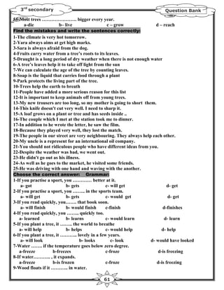 3rd secondary                                                          Question Bank

55-Most trees …………………. bigger every year.
    a-die         b– live            c – grow                        d – reach
Find the mistakes and write the sentences correctly:
1-The climate is very hot tomorrow.
2-Yara always aims at get high marks.
3-Sara is always afraid from the dog.
4-Fruits carry water from a tree’s roots to its leaves.
5-Draught is a long period of dry weather when there is not enough water
6-A tree’s leaves help it to take off light from the sun
7-We can calculate the age of the tree by counting leaves.
8-Soap is the liquid that carries food through a plant
9-Park protects the living part of the tree.
10-Trees help the earth to breath
11-People have added a more serious reason for this list
12-It is important to keep animals off from young trees.
13-My new trousers are too long, so my mother is going to short them.
14-This knife doesn't cut very well. I need to sharp it.
15-A loaf grows on a plant or tree and has seeds inside ..
16-The couple which I met at the station took me to dinner.
17-In addition to he wrote the letter, he saw the film.
18-Because they played very well, they lost the match.
19-The people in our street are very neighbouring. They always help each other.
20-My uncle is a represent for an international oil company.
21-You should not ridiculous people who have different ideas from you.
22-Despite the weather was bad, we went out.
23-He didn't go out as his illness.
24-As well as he goes to the market, he visited some friends.
25-He was driving with one hand and waving with the another.
Choose the correct answer:          Grammar:
1-If you practise a sport, you ………… better at it.
    a- got                  b- gets            c- will get                d- get
2-If you practise a sport, you …….. in the sports team.
    a- will get             b- gets            c- would get                d- get
3-If you read quickly, you……. that book soon.
    a- will finish          b- would finish    c-finish                 d-finishes
4-If you read quickly, you …….. quickly too.
   a- learned               b- learns          c- would learn            d- learn
5-If you plant a tree, it …….. the world to breathe
   a- will help             b- helps           c- would help            d- help
6-If you plant a tree, it ……….. lovely in a few years.
    a- will look                   b- looks       c- look          d- would have looked
7-Water ……. if the temperature goes below zero degree.
   a-freeze          b-freezes                 c-froze                d-is freezing
8-If water……….. , it expands.
   a-freeze          b-is frozen               c-froze               d-is freezing
9-Wood floats if it ……….. in water.

                                             61
 