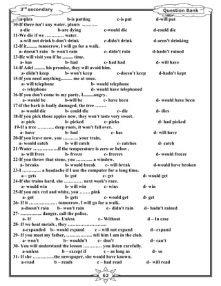 3rd secondary                                                                Question Bank

    a-puts                      b-is putting                c-is put            d-will put
10-If there isn't any water, plants ……….
    a-die                  b-are dying              c-would die                d-could die
11-We die if we ………… water.
    a-will not drink b-don't drink                  c-didn't drink             d-aren't drinking
12-If it......... tomorrow, I will go for a walk.
   a- doesn't rain b- won't rain                    c- didn't rain            d-hadn't rained
13-He will visit you if he ......... time.
    a- has                     b- had               c- had had                  d- will have
14-If Adel ......... his promise, they will avoid him.
    a- didn't keep             b- won't keep                c-doesn’t keep        d-hadn't kept
15-If you need anything,......... me at once.
    a- will telephone                        b- would telephone
     c- telephone                            d- would have telephoned
16-If you don't come to my party, I.........angry.
     a- would be               b-will be            c- have been                d- would have been
17-if the bark is badly damaged, the tree …….
    a- would die               b- could die                 c- die              d- dies
18-If you pick those apples now, they won't taste very sweet.
    a- pick                    b- picked            c- picks                     d- had picked
19-If a tree ……….. deep roots, it won't fall over.
    a- have                    b- had                   c- has                 d- will have
20-If you leave now, you ………. your train.
   a- would catch              b- will catch                c- catches           d- catch
21-Water …………….if the temperature is zero or below .
    a- will frees              b- freeze            c- freezes                  d- would freeze
22-If you throw that stone, you ……….. a window.
    a- breaks                  b- would break        c- will break             d-would have broken
23-I ………… a headache if I use the computer for a long time.
    a – gets                   b- got              c- get                d- would get
24-If she trains hard, she ………… next week's race.
    a- would win               b- will win          c- wins              d- win
25-If you mix red and white, you ……. pink
     a- got                    b- gets              c- would get         d- get
26- If it ……………… tomorrow, I will go for a walk.
    a-doesn't rain         b– won't rain              c– didn't rain     d– hadn't rained
27- ………….. danger, call the police.
     a- If                b– Unless              c– Without                d – In case
28- If we heat metals , they …………………….
     a-expanded b– would expand                c – will not expand           d– expand
29- If you meet my father, …………….. tell him I am in the club.
     a- won't                 b– wouldn't        c– don't                    d– can't
30- You will understand the lesson ………… you listen carefully.
     a-unless                b – except if          c – as long as            d– so
31- If she …………..the newspaper, she would have known.
     a-read              b – reads              c – had read               d– will read

                                               62
 
