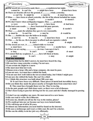 3rd secondary                                                              Question Bank

45-The streets are covered in sand, there ……….a sandstorm last night.
        a-must be b- can’t be            c- might have been            d-must have been
46-There are braches all over the ground, it …………windy yesterday.
           a- can’t be b- might be           c- must be           d- must have been
47-Dina ……have been at school yesterday .the list of the absent included her name.
      a- must                b-can’t               c- needn’t              d- mustn’t
48-We don’t know when earthquakes happen .They …….predicted.
        a- were              b- can’t be         c- have been            d- had been
49-His bad exam results ……..have frustrated his poor parents.
      a- must               b- should             c- can’t              d- needn’t
50-They ……..mad, the solution they gave is very reasonable.
    a- must be        b–can’t be            c- may be                d- would be
51-She …….foolish she says she believes in magic.
         a- can't be          b- may be           c- must have been          d- must be
52-This ……be his car. He is too poor to afford such an expensive vehicle
         a- may                b- can't               c- must             d- might
53-The streets are wet , it ………rained while we were in
       a- must have                 b- can't have            c- neednt have      d- should have
54-What you are saying……………….be true. I am sure it isn’t.
       a- may                  b- can't             c- might                 d- must
55-I cannot find my eyeglasses. I ………have left them at home.
       a- must                b- can't                 c- may               d- might
Find the mistakes:
1-I phoned him but he didn't answer, he must have heard the ring.
2-He can have rung yesterday evening. I'm not sure.
3-I am certain she might be a nurse
4-She must meet him last week.
5-Hanan owns a large villa and a large company, she must be poor.
6-I am not sure. Aya must have robbed the bank.
7-I'm not sure how well I did in the test at school today, but I think I might pass
8-I am sure she robbed the bank. She can't be a thief.
9-A- I think this structure was built about 200 years ago.
      B- It can't have been very difficult. Those pieces of metal look incredibly heavy.
10-Do you think they made the pieces nearby or brought them from somewhere else?
      B- They must have brought them very far. They're too big.
11-In the past, people can't find clean water, so there were a lot of diseases.
12-She's been trying to pass her driving test for six years and she's finally managed in passing
it.
13-I don't see my neighbor any more. He must moved to a new house.
14-He can read or write. He is illiterate.
15-Excuse me, should you tell me the way to the station, please?
16-We could get into our car because our keys were locked inside.
17-We will keep out of oil in 20 years.
18-Almost any information you need shall be found on the internet.
19-He uses a stethoscope and wears a white coat. He can't be a doctor.
20-She can the ability to do her job very efficiently.

                                              70
 