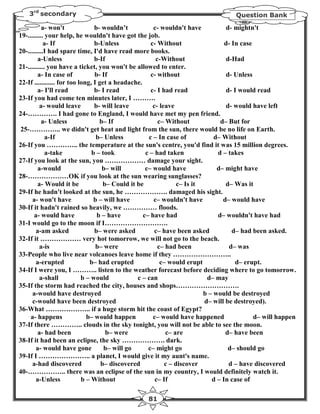 3rd secondary                                                                  Question Bank

           a- won't              b- wouldn’t           c- wouldn't have            d- mightn't
19-......... your help, he wouldn't have got the job.
            a- If                b-Unless             c- Without                  d- In case
20-.........I had spare time, I'd have read more books.
         a-Unless                b-If                   c-Without                  d-Had
21-.......... you have a ticket, you won't be allowed to enter.
         a- In case of           b- If                c- without                  d- Unless
22-If ............ for too long, I get a headache.
         a- I'll read            b- I read            c- I had read                d- I would read
23-If you had come ten minutes later, I ……….
          a- would leave         b- will leave         c- leave                    d- would have left
24-…………. I had gone to England, I would have met my pen friend.
           a- Unless               b– If                 c– Without             d– But for
 25-………….. we didn't get heat and light from the sun, there would be no life on Earth.
             a-If                 b– Unless          c – In case of           d– Without
26-If you ………….. the temperature at the sun's centre, you'd find it was 15 million degrees.
             a-take             b – took            c – had taken              d – takes
27-If you look at the sun, you ……………… damage your sight.
         a-would                    b– will         c– would have              d– might have
28-………………OK if you look at the sun wearing sunglasses?
         a- Would it be              b– Could it be              c– Is it         d– Was it
29-If he hadn't looked at the sun, he ………………. damaged his sight.
      a- won't have              b – will have         c– wouldn't have          d– would have
30-If it hadn't rained so heavily, we …………… floods.
       a- would have              b – have         c– have had                 d– wouldn't have had
31-I would go to the moon if I……………………….
        a-am asked               b– were asked          c– have been asked           d– had been asked.
32-If it ……………… very hot tomorrow, we will not go to the beach.
          a-is                    b– were                c– had been                d– was
33-People who live near volcanoes leave home if they ……………………..
        a-erupted              b– had erupted             c– would erupt               d– erupt.
34-If I were you, I ……….. listen to the weather forecast before deciding where to go tomorrow.
          a-shall           b – would            c – can                   d– may
35-If the storm had reached the city, houses and shops……………………….
      a-would have destroyed                                              b – would be destroyed
      c-would have been destroyed                                         d– will be destroyed).
36-What ……………….. if a huge storm hit the coast of Egypt?
     a- happens               b– would happen          c– would have happened                d– will happen
37-If there ………….. clouds in the sky tonight, you will not be able to see the moon.
         a- had been                  b– were               c– are                d– have been
38-If it had been an eclipse, the sky ………………. dark.
        a- would have gone           b– will go      c– might go                    d– should go
39-If I ………………….. a planet, I would give it my aunt's name.
      a-had discovered              b– discovered           c – discover            d – have discovered
40-…………….. there was an eclipse of the sun in my country, I would definitely watch it.
        a-Unless            b – Without                 c– If                d – In case of

                                                  81
 