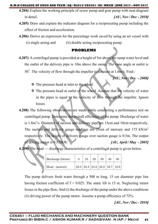 R.M.K COLLEGE OF ENGG AND TECH / AQ / R2013/ CE6451 / III / MECH / JUNE 2017 – NOV 2017
CE6451 – FLUID MECHANICS AND MACHINERY QUESTION BANK
Prepared By BIBIN.C / ASHOK KUMAR.R / SADASIVAN . N (AP / Mech) 81
4.204) Explain the working principle of screw pump and gear pump with neat diagram
in detail. [AU, Nov / Dec - 2010]
4.205) Draw and explain the indicator diagram for a reciprocating pump including the
effect of friction and acceleration.
4.206) Derive an expression for the percentage work saved by using an air vessel with
(i) single acting and (ii) double acting reciprocating pump.
PROBLEMS
4.207) A centrifugal pump is provided at a height of 5m above the sump water level and
the outlet of the delivery pipe is 10m above the sump. The vane angle at outlet is
50°. The velocity of flow through the impeller is constant at 1.6m/s. Find :
[AU, Nov / Dec - 2008]
 The pressure head at inlet to the wheel
 The pressure head at outlet of the wheel. Assume that the velocity of water
in the pipes is equal to the velocity of flow through the impeller. Ignore
losses
4.208) The following observations are made while conducting a performance test on
centrifugal pump. Determine the overall efficiency of the pump. Discharge of water
is 1.8m3
/s. Diameter of suction and delivery pipe are 15cm and 10cm respectively.
The suction and delivery gauge readings are 25cm of mercury and 175 kN/m2
respectively. The height of delivery gauge over suction gauge is 0.5m. The output
of driving motor is 9.555kW. [AU, April / May - 2005]
4.209) The head — discharge characteristics of a centrifugal pump is given below.
The pump delivers fresh water through a 500 m long, 15 cm diameter pipe line
having friction coefficient of f = 0.025. The static lift is 15 m. Neglecting minor
losses in the pipe flow, find (i) the discharge of the pump under the above conditions
(ii) driving power of the pump motor. Assume a pump efficiency of 72%.
[AU, Nov / Dec - 2010]
 