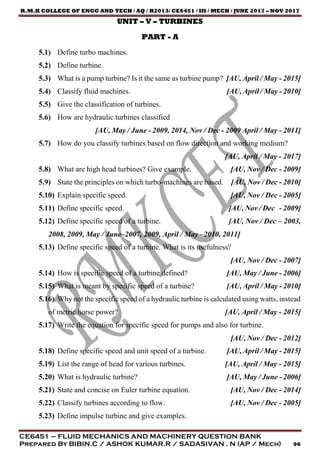 R.M.K COLLEGE OF ENGG AND TECH / AQ / R2013/ CE6451 / III / MECH / JUNE 2017 – NOV 2017
CE6451 – FLUID MECHANICS AND MACHINERY QUESTION BANK
Prepared By BIBIN.C / ASHOK KUMAR.R / SADASIVAN . N (AP / Mech) 96
UNIT – V – TURBINES
PART - A
5.1) Define turbo machines.
5.2) Define turbine.
5.3) What is a pump turbine? Is it the same as turbine pump? [AU, April / May - 2015]
5.4) Classify fluid machines. [AU, April / May - 2010]
5.5) Give the classification of turbines.
5.6) How are hydraulic turbines classified
[AU, May / June - 2009, 2014, Nov / Dec - 2009 April / May - 2011]
5.7) How do you classify turbines based on flow direction and working medium?
[AU, April / May - 2017]
5.8) What are high head turbines? Give example. [AU, Nov / Dec - 2009]
5.9) State the principles on which turbo-machines are based. [AU, Nov / Dec - 2010]
5.10) Explain specific speed. [AU, Nov / Dec - 2005]
5.11) Define specific speed. [AU, Nov / Dec - 2009]
5.12) Define specific speed of a turbine. [AU, Nov / Dec – 2003,
2008, 2009, May / June–2007, 2009, April / May –2010, 2011]
5.13) Define specific speed of a turbine. What is its usefulness?
[AU, Nov / Dec - 2007]
5.14) How is specific speed of a turbine defined? [AU, May / June - 2006]
5.15) What is meant by specific speed of a turbine? [AU, April / May - 2010]
5.16) Why not the specific speed of a hydraulic turbine is calculated using watts, instead
of metric horse power? [AU, April / May - 2015]
5.17) Write the equation for specific speed for pumps and also for turbine.
[AU, Nov / Dec - 2012]
5.18) Define specific speed and unit speed of a turbine. [AU, April / May - 2015]
5.19) List the range of head for various turbines. [AU, April / May - 2015]
5.20) What is hydraulic turbine? [AU, May / June - 2006]
5.21) State and concise on Euler turbine equation. [AU, Nov / Dec - 2014]
5.22) Classify turbines according to flow. [AU, Nov / Dec - 2005]
5.23) Define impulse turbine and give examples.
 