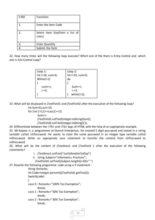 16
S.NO Functions
1. Enter the Item Code
2. Select Item Size(from a list of
sizes)
3. Enter Quantity
4. Submit the form
22. How many times will the following loop execute? Which one of the them is Entry Control and which
one is Exit Control Loop?
Loop 1:
Int i=10, sum=0;
While(i>1)
{
sum+=i;
i-=3;
}
Loop 2:
Int i=10, sum=0;
do
{
Sum+=i;
i-=3;
} while(i>1);
23. What will be displayed in jTextField1 and jTextField2 after the execution of the following loop?
int Sum=0,Last=10;
for (int C=1;C<=Last;C+=2)
Sum++;
jTextField1.setText(Integer.toString(Sum));
jTextField2.setText(Integer.toString(C));
24. Differentiate between the <TR> and <TD> tags of HTML with the help of an appropriate example.
25. Mr.Kapoor is a programmer at Ekansh Enterprises. He created 5 digit password and stored in a string
variable called strPassword. He wants to store the same password in an integer type variable called
intPassword. Write an appropriate Java statement to transfer the content from strPassword to
intPassword.
26. What will be the content of jTextArea1 and jTextField 1 after the execution of the following
statements?
i. jTextArea1.setText(“JusttAnothernDay”)
ii. string Subject=”Informatics Practices”;
jTextField1.setText((Subject.length()+10)+” ”)
27. Rewrite the following programme code using a if statement :
String Remarks;
Int Code=Integer.parseInt(jTextField1.getText());
Switch(code)
{
case 0 : Remarks=”100% Tax Exemption”;
Break;
case 1 : Remarks=”50% Tax Exemption”;
break;
case 2 : Remarks=”30% Tax Exemption”;
break;
 