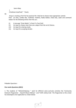 20
Sum+=Step;
}
jTextAreal.showText(“ “+Sum);
50.
Anuja is creating a form for her practical file .Help her to choose most appropriate controls
from List Box, Combo Box, TextField, TextArea, Radio Button, Check box, Label and command
button for the following entries from the use :
(i) A message “Enter Marks” in front if a Text Field.
(ii) An input to choose more than one subject from the set of choices.
(iii) An input for entering marks.
(iv) An input for accepting Gender.
Probable Questions :
Five marks Questions (2015)
1. The students of “ShikshaVidyalaya “ work for different extra-curricular activities like ‘Community
Outreach Programme’ , ‘Swachh Bharat Abhiyan ‘ and ‘Traffic Safety Club’. The Programmer at the school
has developed a GUI application as shown below:
 