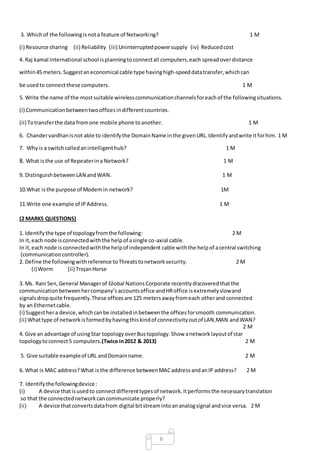 6
3. Whichof the followingisnota feature of Networking? 1 M
(i) Resource sharing (ii) Reliability (iii) Uninterruptedpowersupply (iv) Reducedcost
4. Raj kamal International school isplanningtoconnectall computers,each spreadoverdistance
within45 meters.Suggestaneconomical cable type havinghigh-speeddatatransfer,whichcan
be usedto connectthese computers. 1 M
5. Write the name of the mostsuitable wirelesscommunicationchannelsforeachof the followingsituations.
(i) Communicationbetweentwoofficesindifferentcountries.
(ii) Totransferthe data fromone mobile phone toanother. 1 M
6. Chandervardhanisnot able to identifythe DomainName inthe givenURL.Identifyandwrite itforhim. 1 M
7. Whyis a switchcalledanintelligenthub? 1 M
8. What isthe use of Repeaterina Network? 1 M
9. DistinguishbetweenLAN andWAN. 1 M
10.What isthe purpose of Modemin network? 1M
11.Write one example of IPAddress. 1 M
(2 MARKS QUESTIONS)
1. Identifythe type of topologyfromthe following: 2 M
In it,each node isconnectedwiththe helpof asingle co-axial cable.
In it,each node isconnectedwiththe helpof independent cable withthe helpof acentral switching
(communicationcontroller).
2. Define the followingwithreference toThreatstonetworksecurity. 2 M
(i) Worm (ii) TrojanHorse
3. Ms. Rani Sen,General Managerof Global NationsCorporate recentlydiscoveredthatthe
communicationbetweenhercompany’saccountsoffice andHRoffice isextremelyslowand
signalsdropquite frequently.These officesare 125 metersawayfromeach otherand connected
by an Ethernetcable.
(i) Suggesthera device,whichcanbe installedinbetweenthe officesforsmooth communication.
(ii) Whattype of networkisformedbyhavingthiskindof connectivityoutof LAN,MAN andWAN?
2 M
4. Give an advantage of usingStar topologyoverBustopology.Show anetworklayoutof star
topologytoconnect5 computers.(Twice in2012 & 2013) 2 M
5. Give suitable exampleof URL andDomainname. 2 M
6. What is MAC address?What is the difference betweenMACaddressandanIP address? 2 M
7. Identifythe followingdevice:
(i) A device thatisusedto connectdifferenttypesof network.Itperformsthe necessarytranslation
so that the connectednetworkcancommunicate properly?
(ii) A device thatconvertsdatafrom digital bitstreamintoananalogsignal andvice versa. 2 M
 