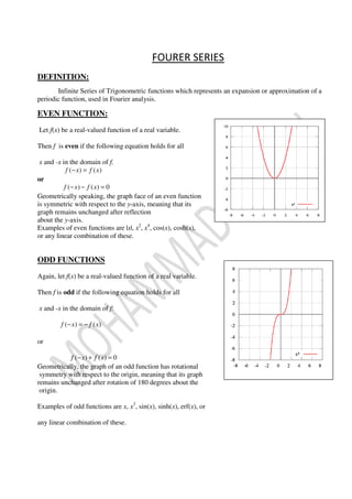 DEFINITION:
Infinite Series of Trigonometric functions
periodic function, used in Fourier analysis.
EVEN FUNCTION:
Let f(x) be a real-valued function of a real variable.
Then f is even if the following equation holds for all
x and -x in the domain of f.
( ) ( )f x f x− =
or
( ) ( ) 0f x f x− − =
Geometrically speaking, the graph face of an even function
is symmetric with respect to the
graph remains unchanged after
about the y-axis.
Examples of even functions are
or any linear combination of these.
ODD FUNCTIONS
Again, let f(x) be a real-valued function of a real variable.
Then f is odd if the following equation holds for all
x and -x in the domain of f:
( ) ( )f x f x− = −
or
( ) ( ) 0f x f x− + =
Geometrically, the graph of an odd function has rotational
symmetry with respect to the origin
remains unchanged after rotation
origin.
Examples of odd functions are x
any linear combination of these.
FOURER SERIES
Trigonometric functions which represents an expansion or approximation of a
periodic function, used in Fourier analysis.
valued function of a real variable.
if the following equation holds for all
Geometrically speaking, the graph face of an even function
with respect to the y-axis, meaning that its
remains unchanged after reflection
Examples of even functions are |x|, x2
, x4
, cos(x), cosh(x),
y linear combination of these.
valued function of a real variable.
if the following equation holds for all
an odd function has rotational
origin, meaning that its graph
rotation of 180 degrees about the
x, x3
, sin(x), sinh(x), erf(x), or
any linear combination of these.
which represents an expansion or approximation of a
 