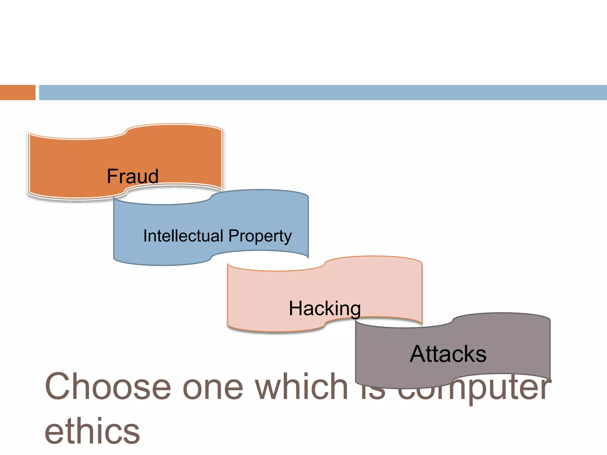 Fraud

      Intellectual Property



                          Hacking

                                    Attacks
Choose one which is computer
ethics
 