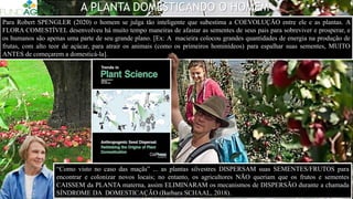 A PLANTA DOMESTICANDO O HOMEM
Para Robert SPENGLER (2020) o homem se julga tão inteligente que subestima a COEVOLUÇÃO entre ele e as plantas. A
FLORA COMESTÍVEL desenvolveu há muito tempo maneiras de afastar as sementes de seus pais para sobreviver e prosperar, e
os humanos são apenas uma parte de seu grande plano. [Ex: A macieira colocou grandes quantidades de energia na produção de
frutas, com alto teor de açúcar, para atrair os animais (como os primeiros hominídeos) para espalhar suas sementes, MUITO
ANTES de começarem a domesticá-la].
“Como visto no caso das maçãs” ... as plantas silvestres DISPERSAM suas SEMENTES/FRUTOS para
encontrar e colonizar novos locais; no entanto, os agricultores NÃO queriam que os frutos e sementes
CAISSEM da PLANTA materna, assim ELIMINARAM os mecanismos de DISPERSÃO durante a chamada
SÍNDROME DA DOMESTICAÇÃO (Barbara SCHAAL, 2018).
 