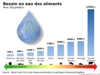II. Les usages de l'eau
L'eau est nécessaire à la vie.
Dans le monde, c'est l'agriculture
qui en consomme le plus (70%),
puis l'industrie (22%) et les usages
domestiques (8%).
Mais la consommation d'eau est très
inégale :
- selon les pays
- selon le niveau social