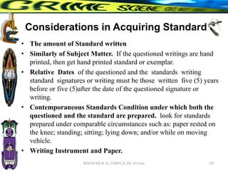Considerations in Acquiring Standard
• The amount of Standard written
• Similarly of Subject Matter. If the questioned writings are hand
printed, then get hand printed standard or exemplar.
• Relative Dates of the questioned and the standards writing
standard signatures or writing must be those written five (5) years
before or five (5)after the date of the questioned signature or
writing.
• Contemporaneous Standards Condition under which both the
questioned and the standard are prepared. look for standards
prepared under comparable circumstances such as: paper rested on
the knee; standing; sitting; lying down; and/or while on moving
vehicle.
• Writing Instrument and Paper.
101
RHEM RICK N. CORPUZ, Ph. D Crim
 