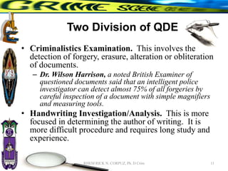 Two Division of QDE
• Criminalistics Examination. This involves the
detection of forgery, erasure, alteration or obliteration
of documents.
– Dr. Wilson Harrison, a noted British Examiner of
questioned documents said that an intelligent police
investigator can detect almost 75% of all forgeries by
careful inspection of a document with simple magnifiers
and measuring tools.
• Handwriting Investigation/Analysis. This is more
focused in determining the author of writing. It is
more difficult procedure and requires long study and
experience.
11
RHEM RICK N. CORPUZ, Ph. D Crim
 