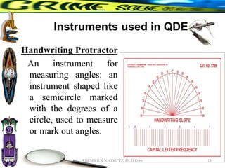 Instruments used in QDE
Handwriting Protractor
An instrument for
measuring angles: an
instrument shaped like
a semicircle marked
with the degrees of a
circle, used to measure
or mark out angles.
18
RHEM RICK N. CORPUZ, Ph. D Crim
 