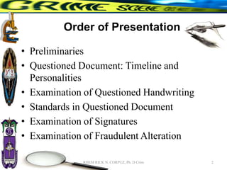 Order of Presentation
• Preliminaries
• Questioned Document: Timeline and
Personalities
• Examination of Questioned Handwriting
• Standards in Questioned Document
• Examination of Signatures
• Examination of Fraudulent Alteration
2
RHEM RICK N. CORPUZ, Ph. D Crim
 