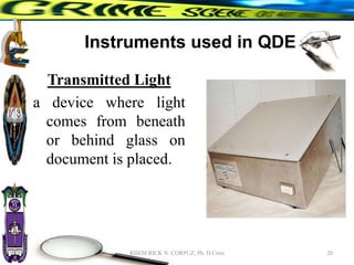 Instruments used in QDE
Transmitted Light
a device where light
comes from beneath
or behind glass on
document is placed.
20
RHEM RICK N. CORPUZ, Ph. D Crim
 