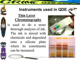Instruments used in QDE
Thin Layer
Chromatography
is used to do a more
thorough analysis of ink.
The ink is mixed with
chemicals and deposited
onto a silicate plate
where its constituents
can be measured
25
RHEM RICK N. CORPUZ, Ph. D Crim
 