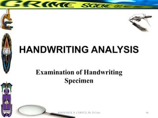 HANDWRITING ANALYSIS
Examination of Handwriting
Specimen
46
RHEM RICK N. CORPUZ, Ph. D Crim
 