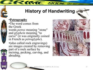 History of Handwriting
•Petrography
•The word comes from
the Greek
words petros meaning "stone"
and glyphein meaning "to
carve" (it was originally coined
in French as pétroglyphe).
•(also called rock engravings)
are images created by removing
part of a rock surface by
incising, pecking, carving, and
abrading.
57
RHEM RICK N. CORPUZ, Ph. D Crim
 