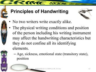 Principles of Handwriting
• No two writers write exactly alike.
• The physical writing conditions and position
of the person including his writing instrument
may affect the handwriting characteristics but
they do not confine all its identifying
elements.
– Age, sickness, emotional state (transitory state),
position
62
RHEM RICK N. CORPUZ, Ph. D Crim
 