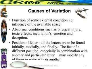 Causes of Variation
• Function of some external condition i.e.
influence of the available space.
• Abnormal conditions such as physical injury,
toxic effects, inebriation's, emotion and
deception.
• Position of letter - all the letters are to be found
initially, medially, and finally. The fact of a
different position, especially in combination with
another and particular letter, may modify any
of them in some way or another.
65
RHEM RICK N. CORPUZ, Ph. D Crim
 