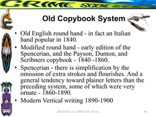Old Copybook System
• Old English round hand - in fact an Italian
hand popular in 1840.
• Modified round hand - early edition of the
Spencerian, and the Payson, Dunton, and
Scribners copybook - 1840 -1860.
• Spencerian - there is simplification by the
omission of extra strokes and flourishes. And a
general tendency toward plainer letters than the
preceding system, some of which were very
ornate - 1860-1890.
• Modern Vertical writing 1890-1900
68
RHEM RICK N. CORPUZ, Ph. D Crim
 