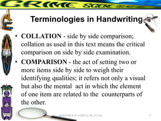 Terminologies in Handwriting
• COLLATION - side by side comparison;
collation as used in this text means the critical
comparison on side by side examination.
• COMPARISON - the act of setting two or
more items side by side to weigh their
identifying qualities; it refers not only a visual
but also the mental act in which the element
of one item are related to the counterparts of
the other.
77
RHEM RICK N. CORPUZ, Ph. D Crim
 