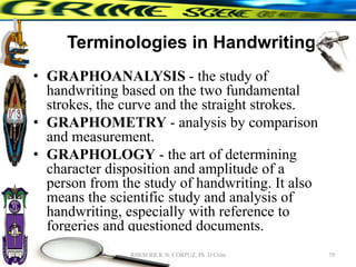 Terminologies in Handwriting
• GRAPHOANALYSIS - the study of
handwriting based on the two fundamental
strokes, the curve and the straight strokes.
• GRAPHOMETRY - analysis by comparison
and measurement.
• GRAPHOLOGY - the art of determining
character disposition and amplitude of a
person from the study of handwriting. It also
means the scientific study and analysis of
handwriting, especially with reference to
forgeries and questioned documents.
79
RHEM RICK N. CORPUZ, Ph. D Crim
 