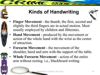 Kinds of Handwriting
• Finger Movement - the thumb, the first, second and
slightly the third fingers are in actual motion. Most
usually employed by children and illiterates.
• Hand Movement - produced by the movement or
action of the whole hand with the wrist as the center
of attraction.
• Forearm Movement - the movement of the
shoulder, hand and arm with the support of the table.
• Whole Forearm Movement - action of the entire
arm without resting. i.e., blackboard writing.
89
RHEM RICK N. CORPUZ, Ph. D Crim
 