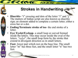 Strokes in Handwriting
• Diacritic- “t” crossing and dots of the letter “i” and “j”.
The matters of Indian script are also known as diacritic
sign; an element added to complete a certain letter, either a
cross bar or a dot.
• Ending/Terminate stroke of toe- the end stroke of a
letter.
• Eye/ Eyelet/Eyeloop- a small loop or curved formed
inside the letters. This may occur inside the oval of the
letters “a,d,o”; the small loop form by the stroke that
extend in divergent direction as in small letters.
• Foot- lower part which rest on the base line. The small
letter ”m” has three feet, and the small letter “n” has two
feet.
91
RHEM RICK N. CORPUZ, Ph. D Crim
 