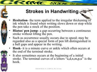 Strokes in Handwriting
• Hesitation- the term applied to the irregular thickening of
ink which is found when writing slows down or stop while
the pen take a stock of the position.
• Hiatus/ pen jump- a gap occurring between a continuous
stroke without lifting the pen.
• Such as occurrence usually occurs due to speed; may be
regarded also as a special form of pen lift distinguished in
a ball gaps and appear in the writing.
• Hook- it is a minute curve or ankle which often occurs at
the end of the terminal stroke.
• It also sometimes occurs at the beginning of a initial
stroke. The terminal curves of a letters “a,d,n,m,p,u” is the
hook.
92
RHEM RICK N. CORPUZ, Ph. D Crim
 