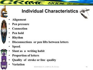 Individual Characteristics
• Alignment
• Pen pressure
• Connection
• Pen hold
• Rhythm
• Disconnections or pen lifts between letters
• Speed.
• Slant as a writing habit
• Proportion of letters
• Quality of stroke or line quality
• Variation
98
RHEM RICK N. CORPUZ, Ph. D Crim
 