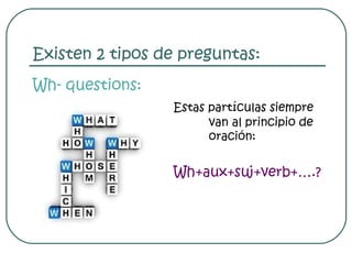 Existen 2 tipos de preguntas: Wh- questions: Estas partículas siempre  van al principio de la  oración: Wh+aux+suj+verb+….? 