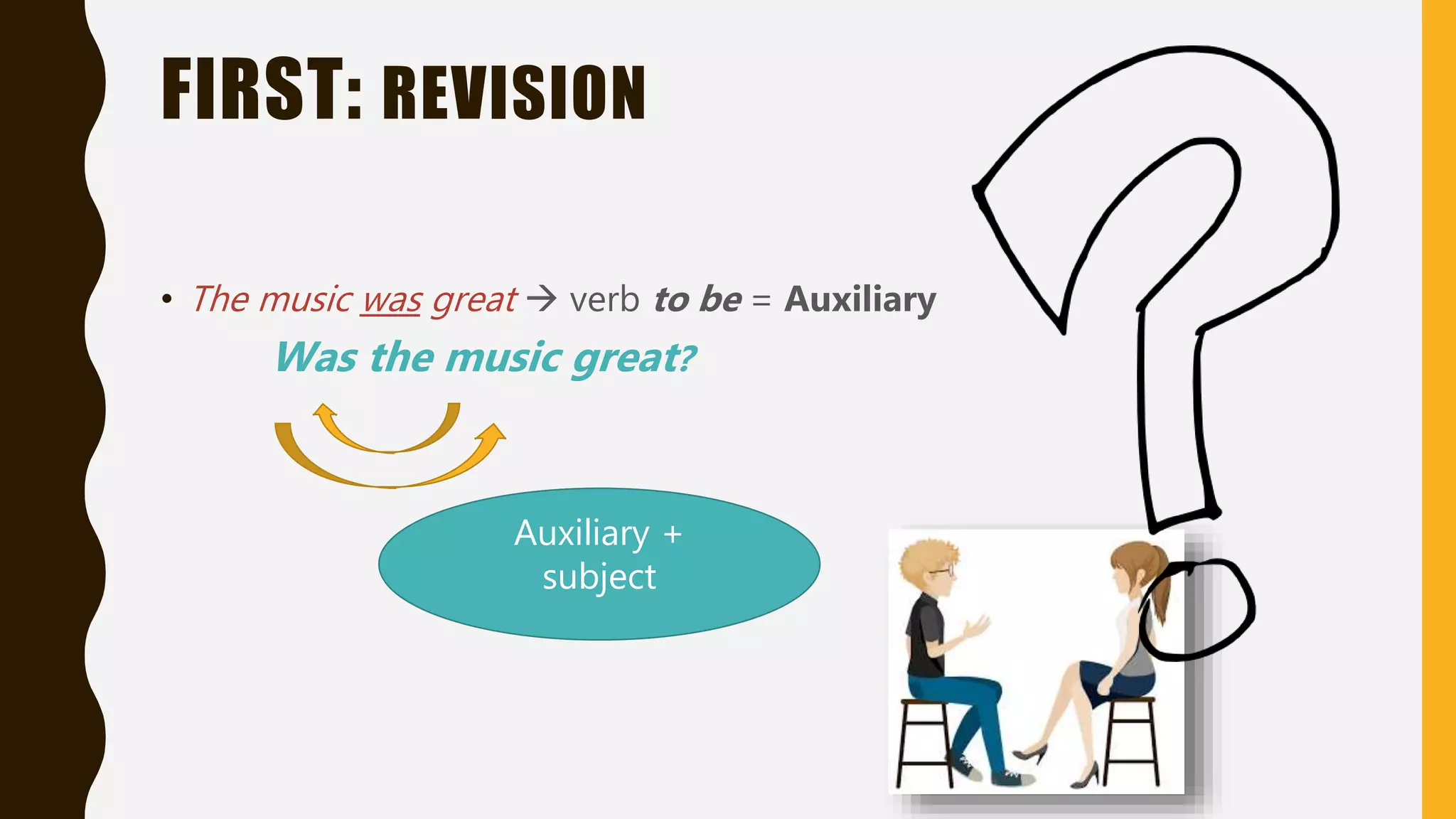 FIRST: REVISION
• The music was great  verb to be = Auxiliary
Was the music great?
Auxiliary +
subject
 
