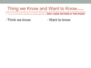 Thing we Know and Want to Know

Brainstorm

under the two columns as much as you can about the topic already and ideas abo...