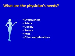 What are the physician's needs?


           Effectiveness
           Safety
           Quality
           Service
           Price
           Other considerations
 