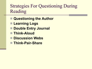 Strategies For Questioning During Reading Questioning the Author Learning Logs Double Entry Journal Think-Aloud Discussion Webs Think-Pair-Share 
